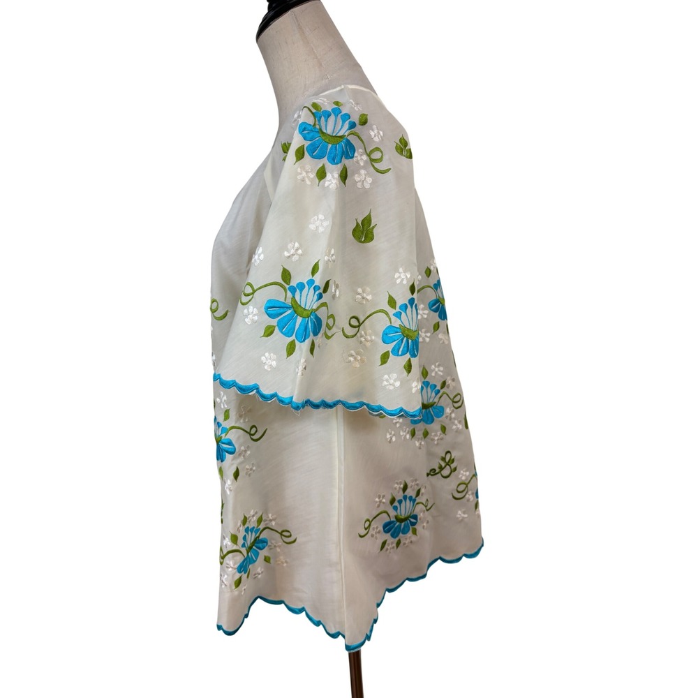 Vtg Embroidered Floral Blouse Women Ivory Peasant Scalloped Boho Folk Cottage - Picture 4 of 5